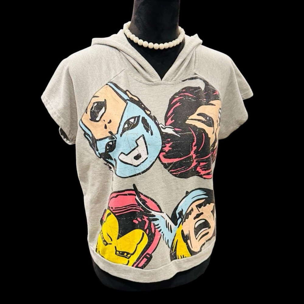 Marvel Avengers Graphic Cropped Hoodie Shirt L Iron Man Thor Comic Superhero